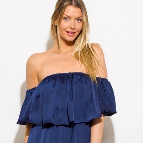 New With Tags Blue Ruffle Off Shoulder Dress - Picture 3 of 3